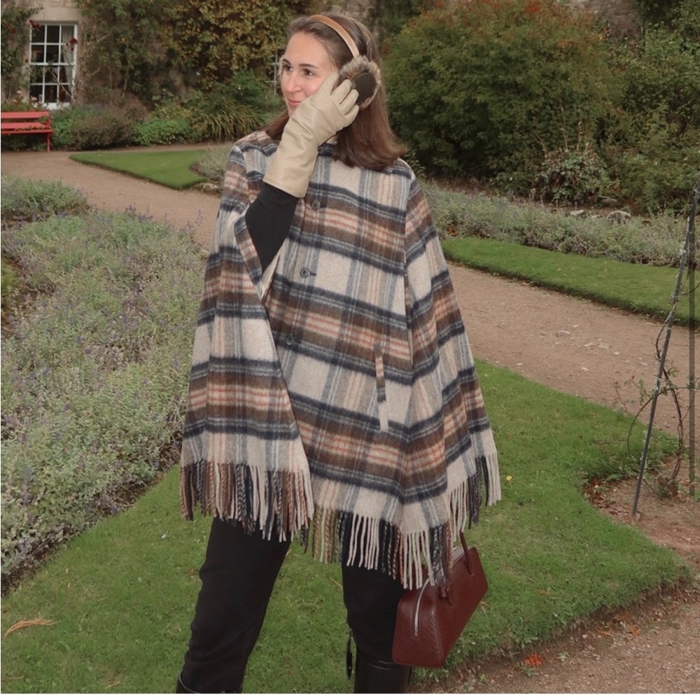 Doen Plaid Fringe Cape in Cream, Brown and Black